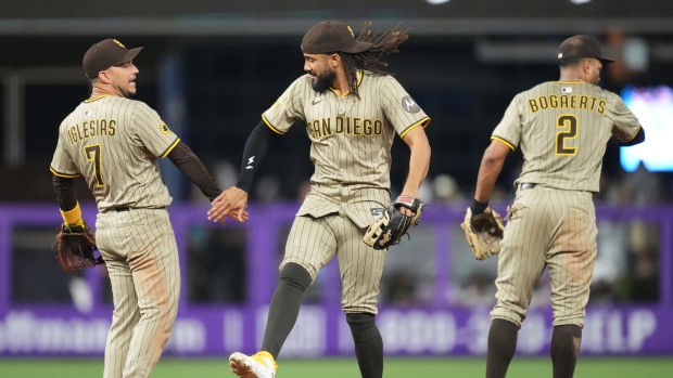 San Diego Padres celebrate, The Canadian Press San Diego Padres celebrate