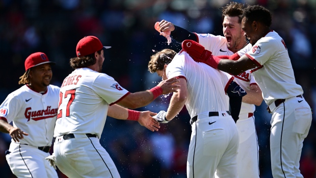 Cleveland Guardians celebrate Kyle Manzardo's walk-off, The Canadian Press Cleveland Guardians celebrate Kyle Manzardo's walk-off
